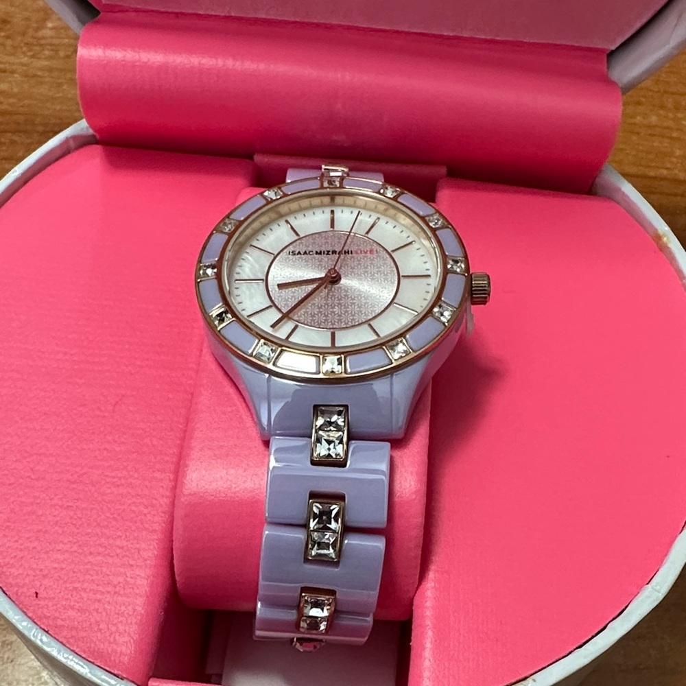 Isaac Mizrahi Lavender and Silver Watch with Crystal Accents